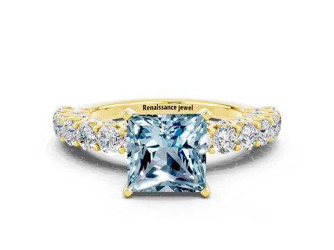 Yellow gold Princess Cut Aquamarine Solitaire Ring with Shared Prong Pavé Band and Four-Prong Setting