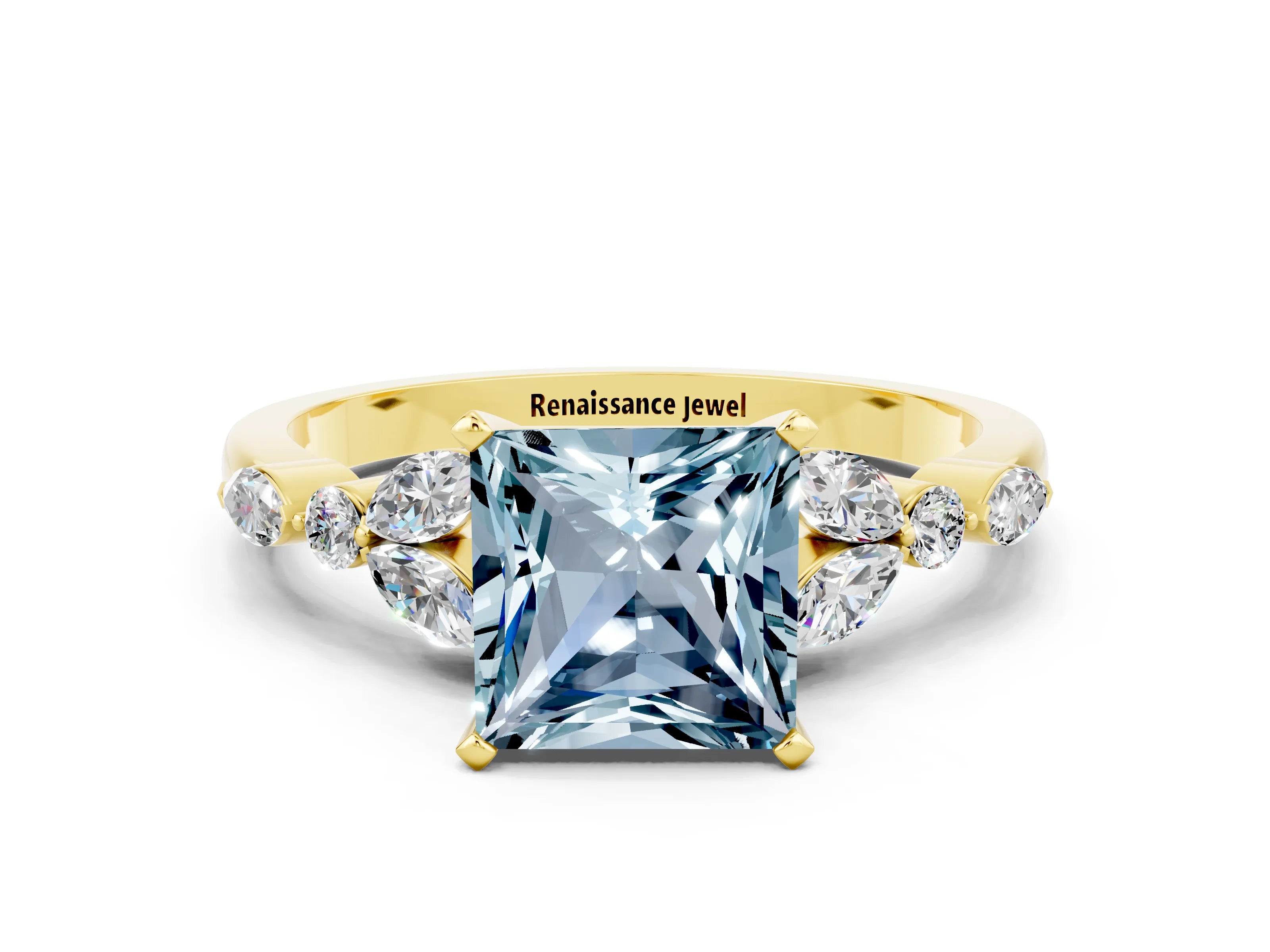 Yellow gold Princess Cut Aquamarine Solitaire Ring with Side Stones and Four-Prong Setting_12