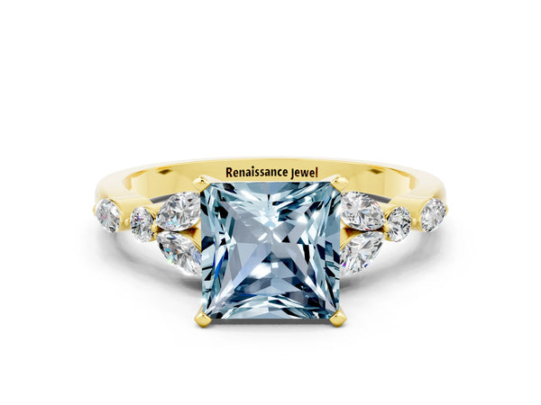 Yellow gold Princess Cut Aquamarine Solitaire Ring with Side Stones and Four-Prong Setting