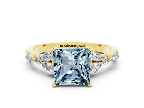 Yellow gold Princess Cut Aquamarine Solitaire Ring with Side Stones and Four-Prong Setting_12