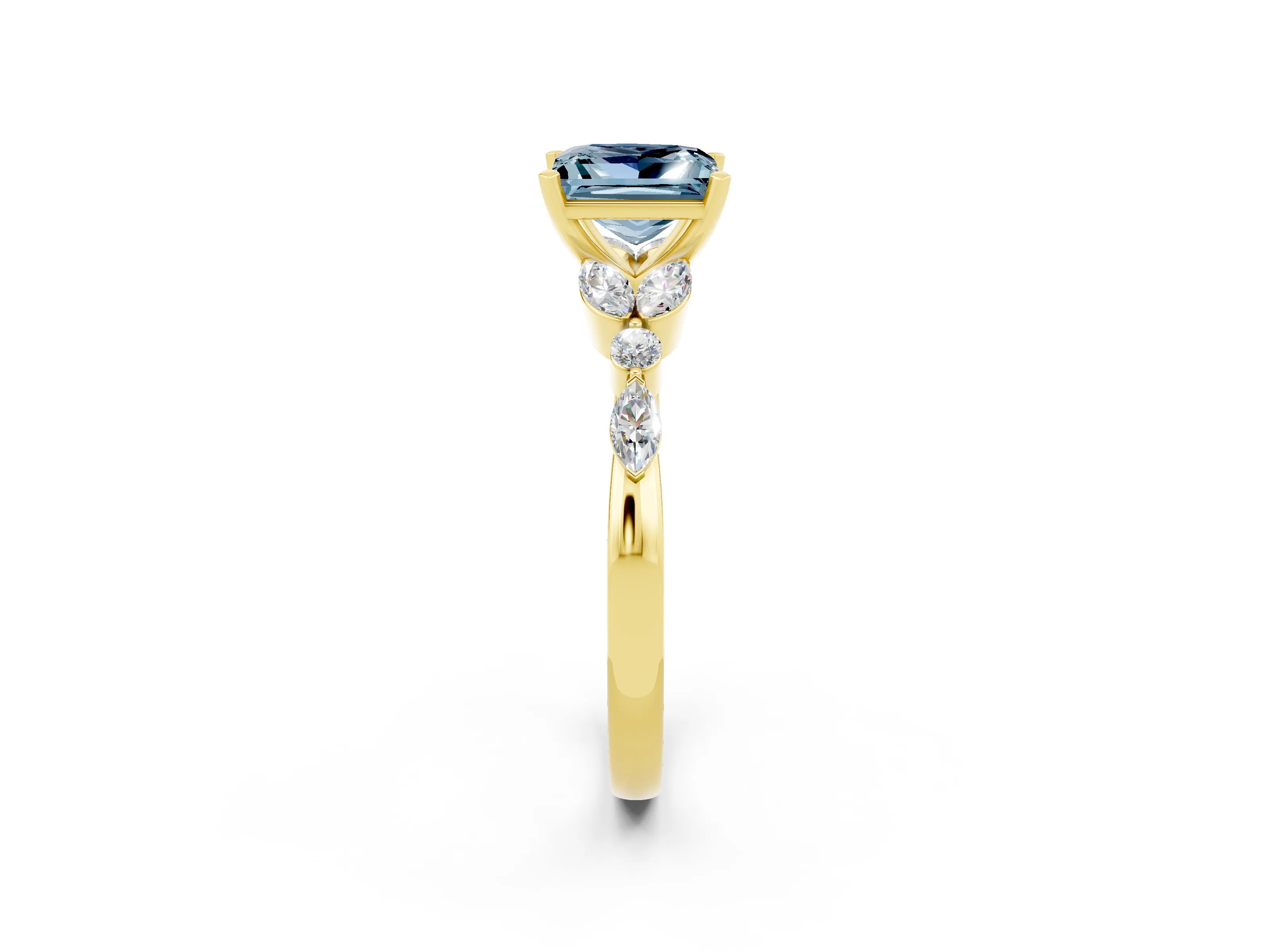 Yellow gold Princess Cut Aquamarine Solitaire Ring with Side Stones and Four-Prong Setting_14