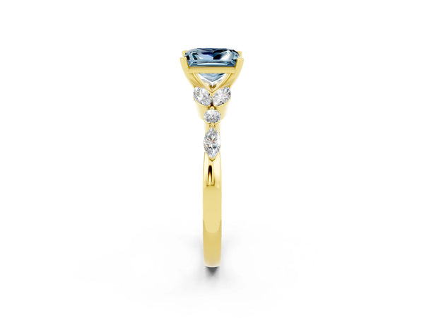 Yellow gold Princess Cut Aquamarine Solitaire Ring with Side Stones and Four-Prong Setting