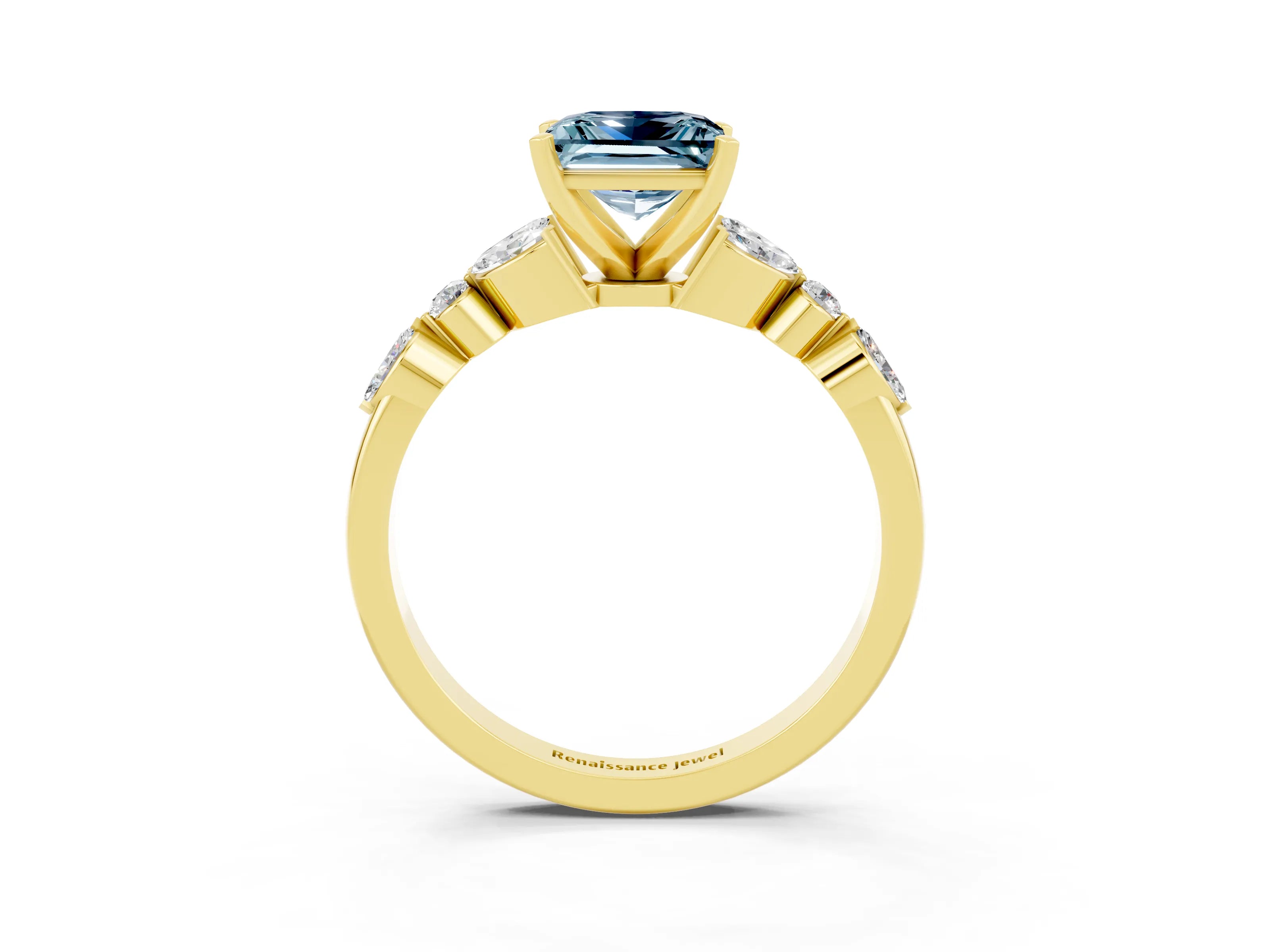 Yellow gold Princess Cut Aquamarine Solitaire Ring with Side Stones and Four-Prong Setting_15