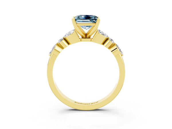Yellow gold Princess Cut Aquamarine Solitaire Ring with Side Stones and Four-Prong Setting