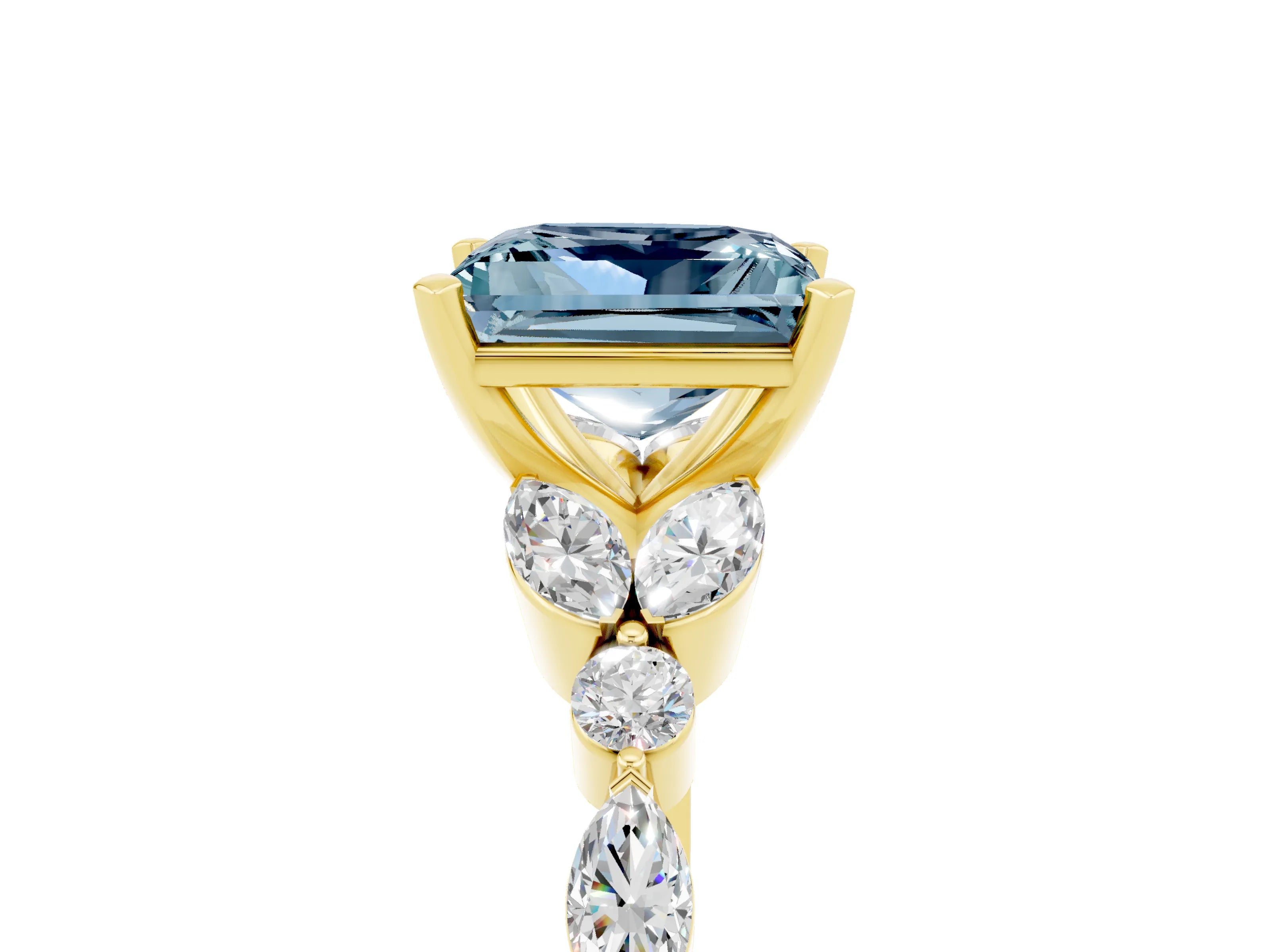 Yellow gold Princess Cut Aquamarine Solitaire Ring with Side Stones and Four-Prong Setting_17