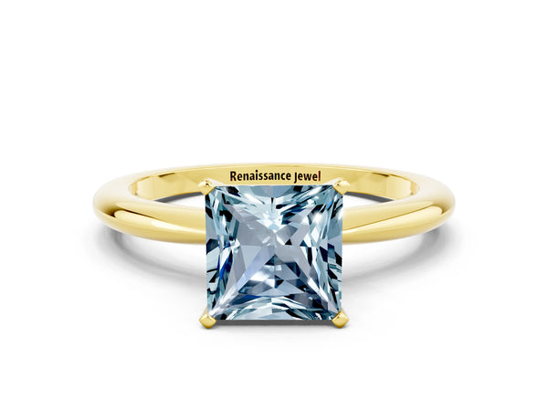 Yellow gold Princess Cut Aquamarine Solitaire Ring with Six-Prong Setting and Classic Band