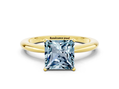 Yellow gold Princess Cut Aquamarine Solitaire Ring with Six-Prong Setting and Classic Band