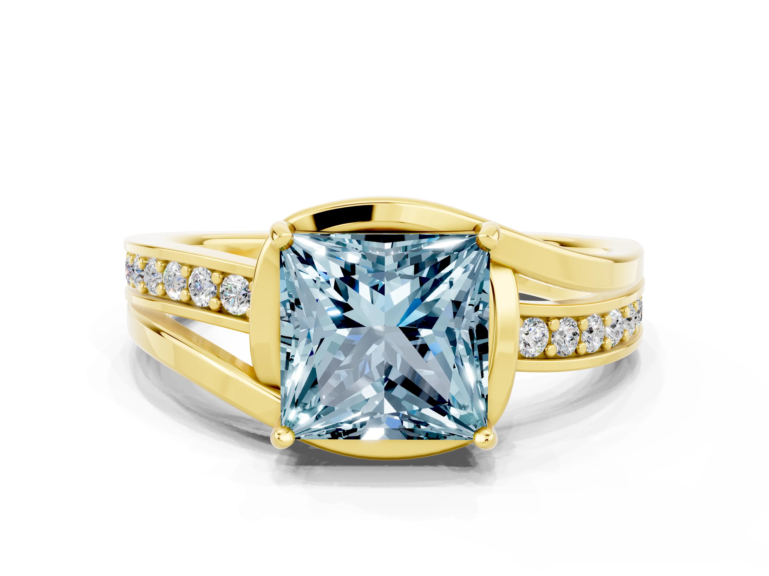 Yellow gold Princess Cut Aquamarine Solitaire Ring with Split Shank and Prong Setting
