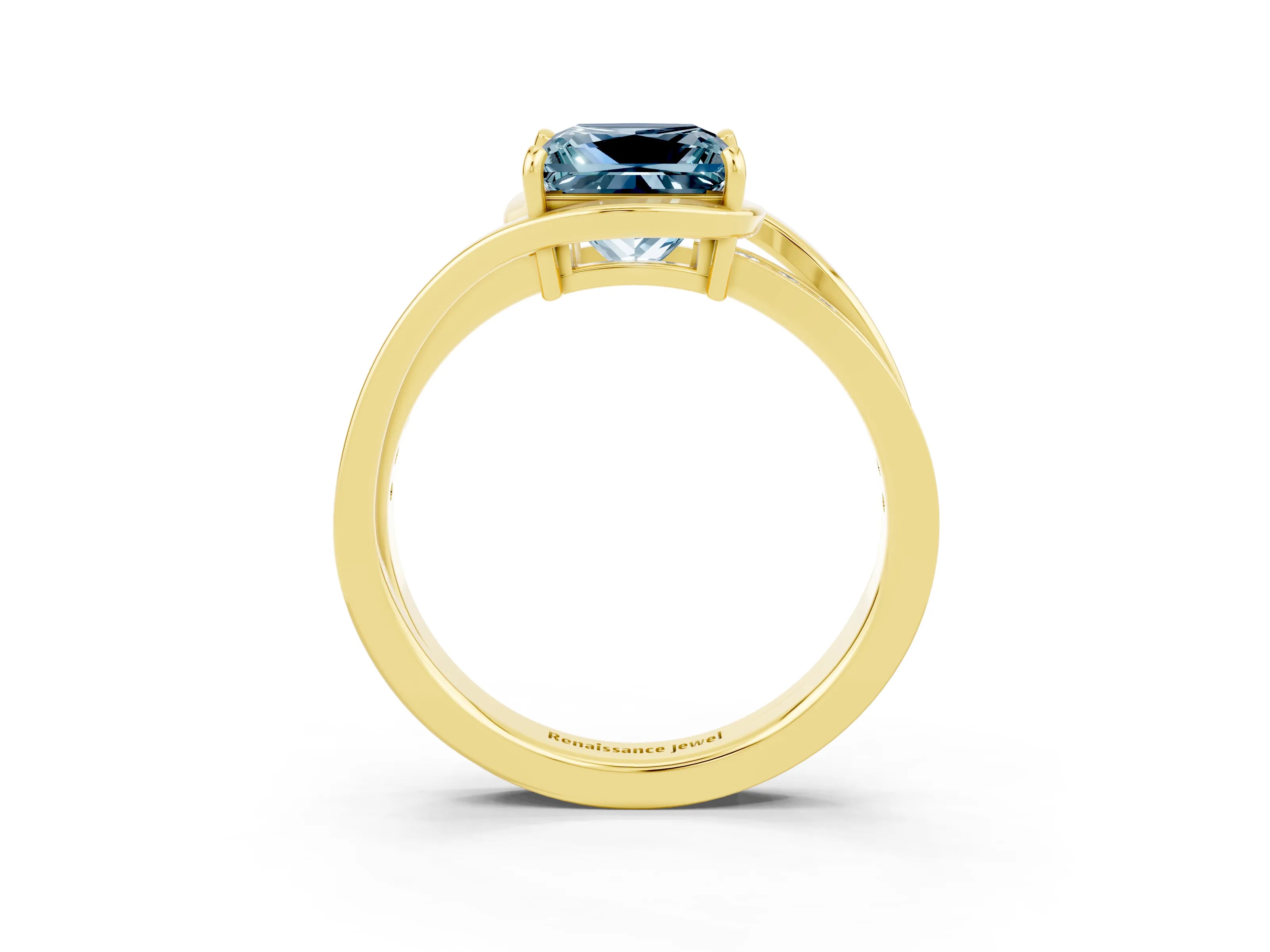 Yellow gold Princess Cut Aquamarine Solitaire Ring with Split Shank and Prong Setting_3