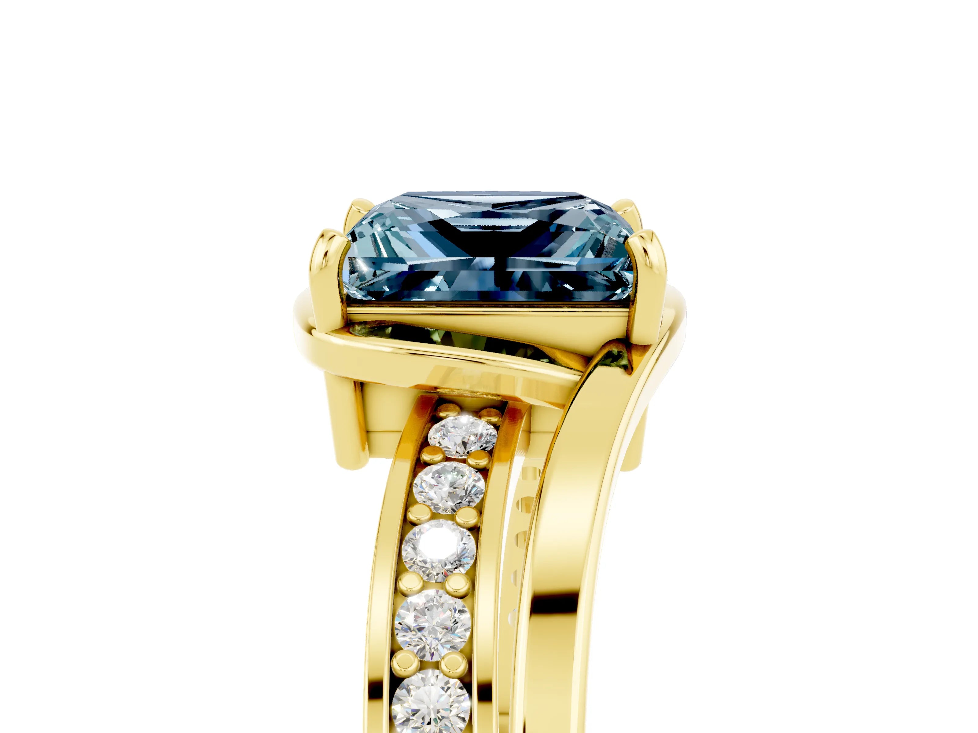Yellow gold Princess Cut Aquamarine Solitaire Ring with Split Shank and Prong Setting_5