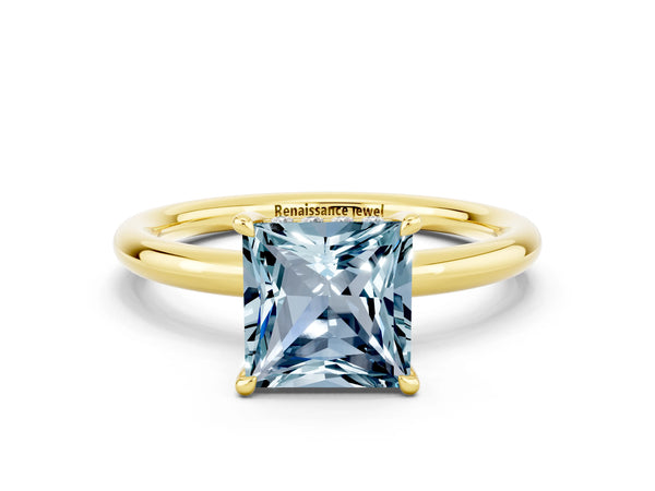 Yellow gold Princess Cut Aquamarine Solitaire Ring with Thin Band and Four-Prong Setting