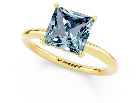 Yellow gold Princess Cut Aquamarine Solitaire Ring with Thin Band and Four-Prong Setting_1
