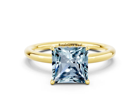 Yellow gold Princess Cut Aquamarine Solitaire Ring with Thin Band and Four-Prong Setting