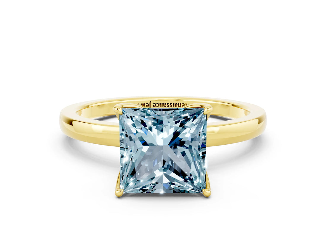 Yellow gold Princess Cut Aquamarine Solitaire Ring with Thin Band and Prong Setting_12