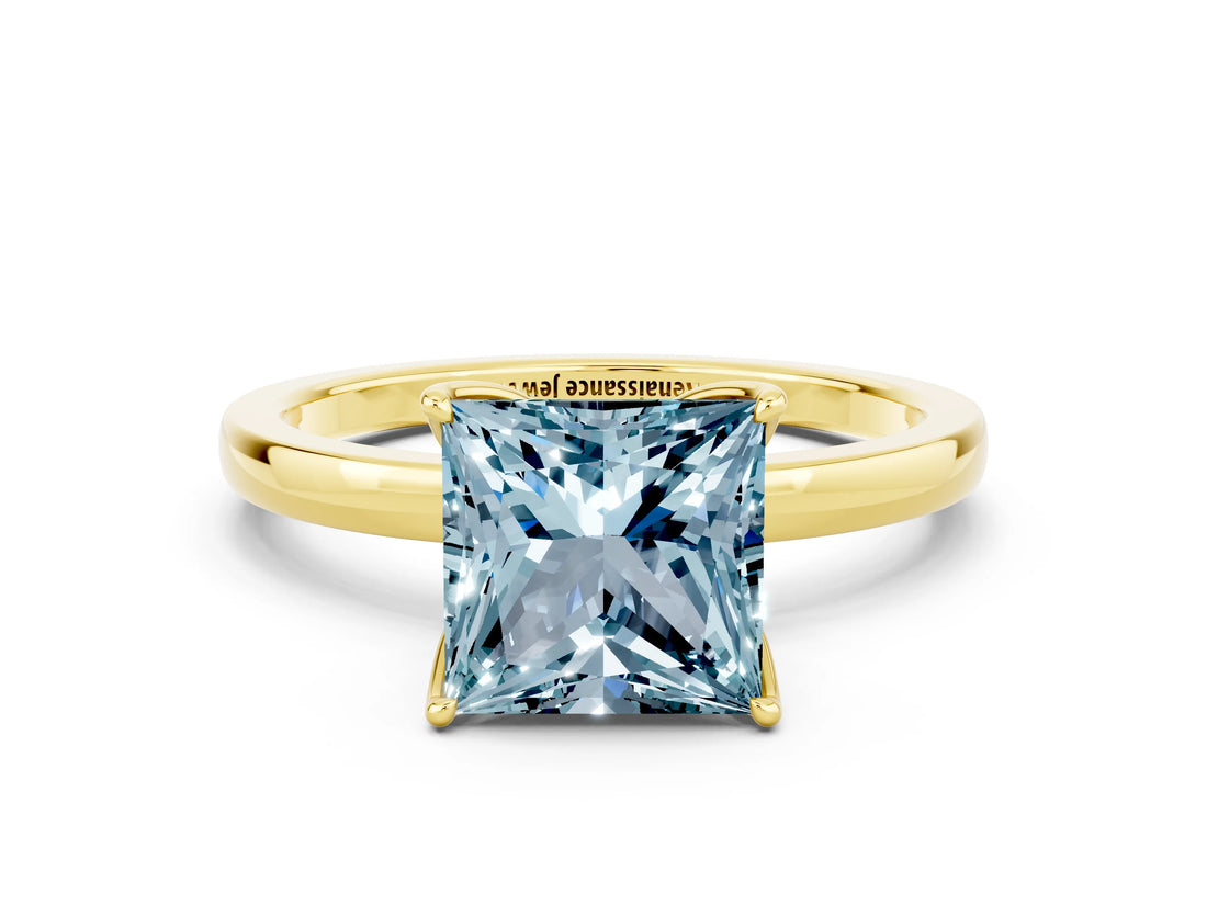 Yellow gold Princess Cut Aquamarine Solitaire Ring with Thin Band and Prong Setting_24