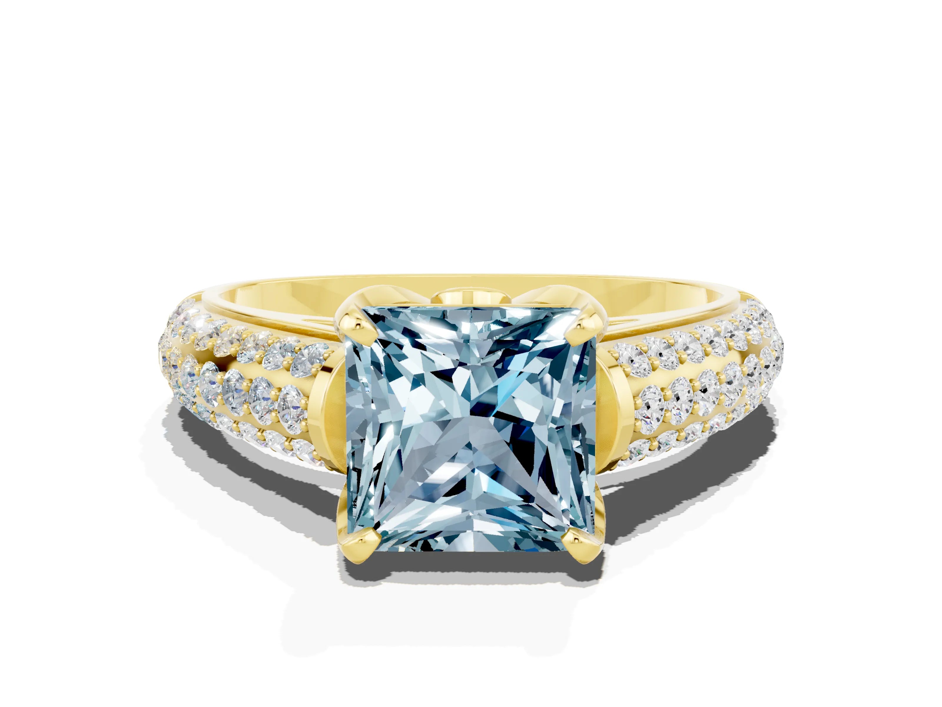 Yellow gold Princess Cut Aquamarine Solitaire Ring with Three-Row Pavé Band and Four-Prong Setting_12