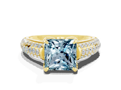 Yellow gold Princess Cut Aquamarine Solitaire Ring with Three-Row Pavé Band and Four-Prong Setting_12