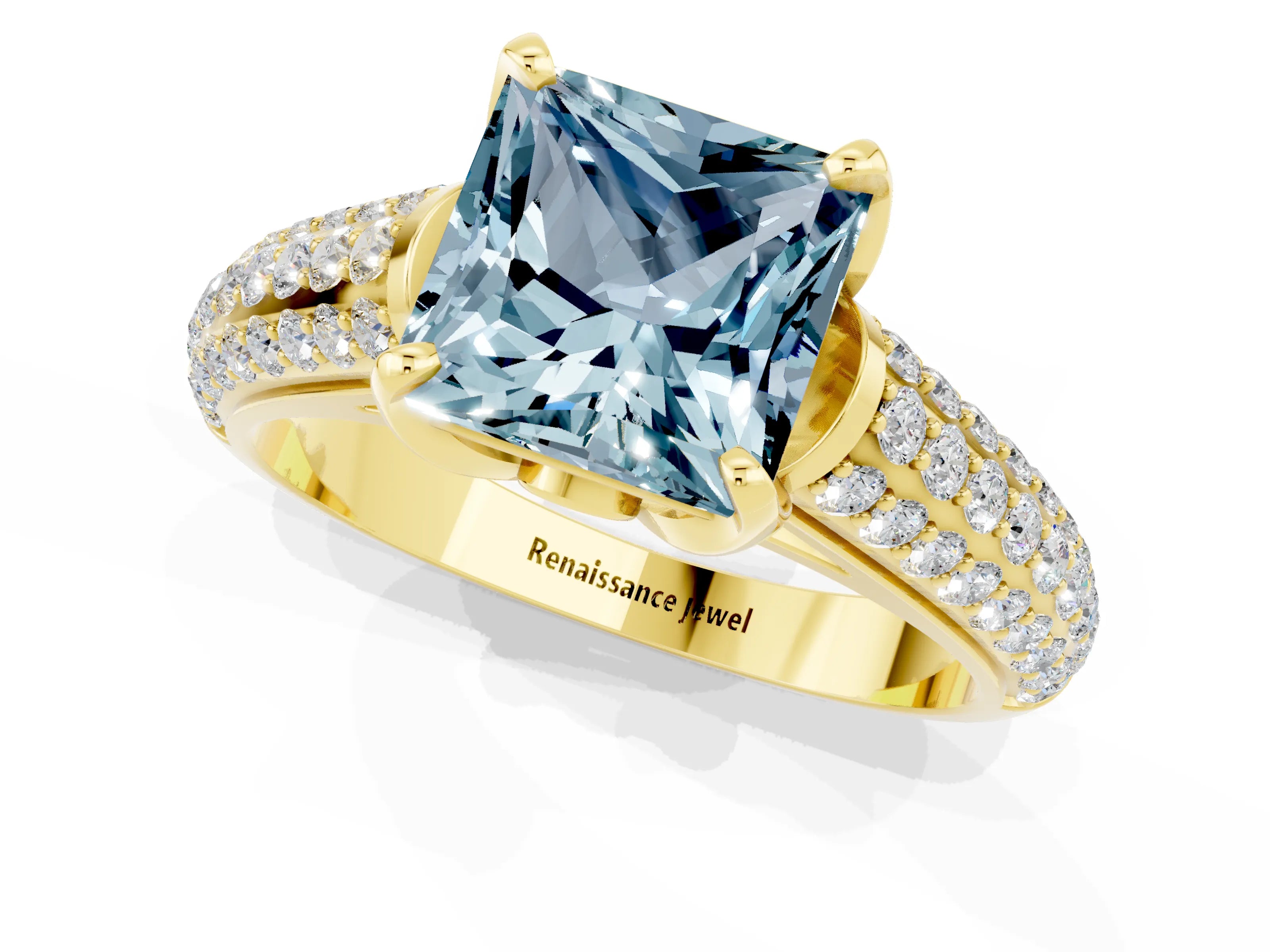 Yellow gold Princess Cut Aquamarine Solitaire Ring with Three-Row Pavé Band and Four-Prong Setting_13