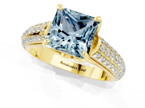 Yellow gold Princess Cut Aquamarine Solitaire Ring with Three-Row Pavé Band and Four-Prong Setting_13