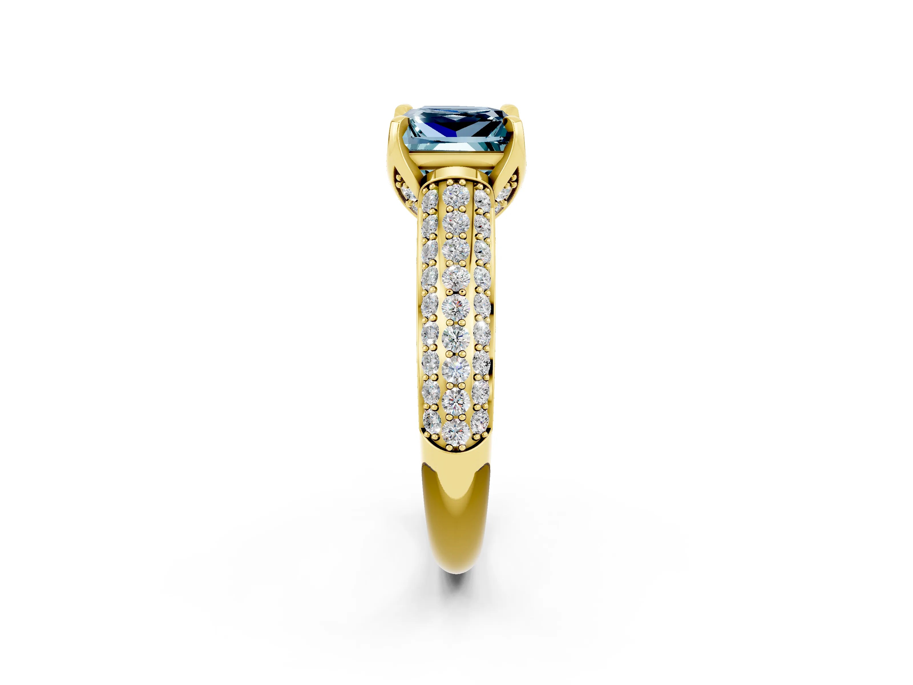 Yellow gold Princess Cut Aquamarine Solitaire Ring with Three-Row Pavé Band and Four-Prong Setting_14