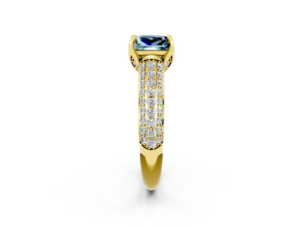Yellow gold Princess Cut Aquamarine Solitaire Ring with Three-Row Pavé Band and Four-Prong Setting