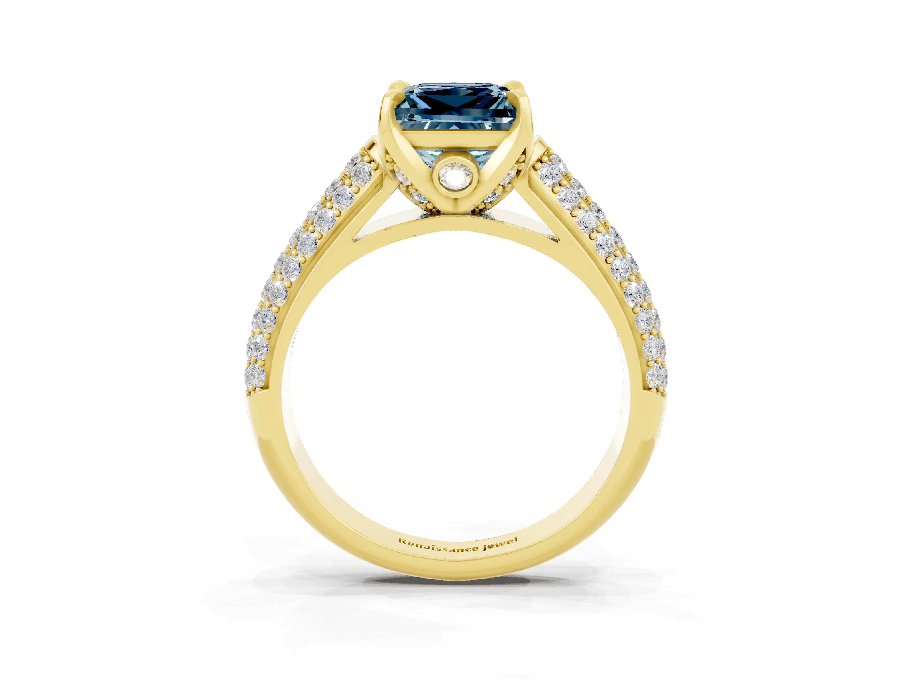 Yellow gold Princess Cut Aquamarine Solitaire Ring with Three-Row Pavé Band and Four-Prong Setting_15