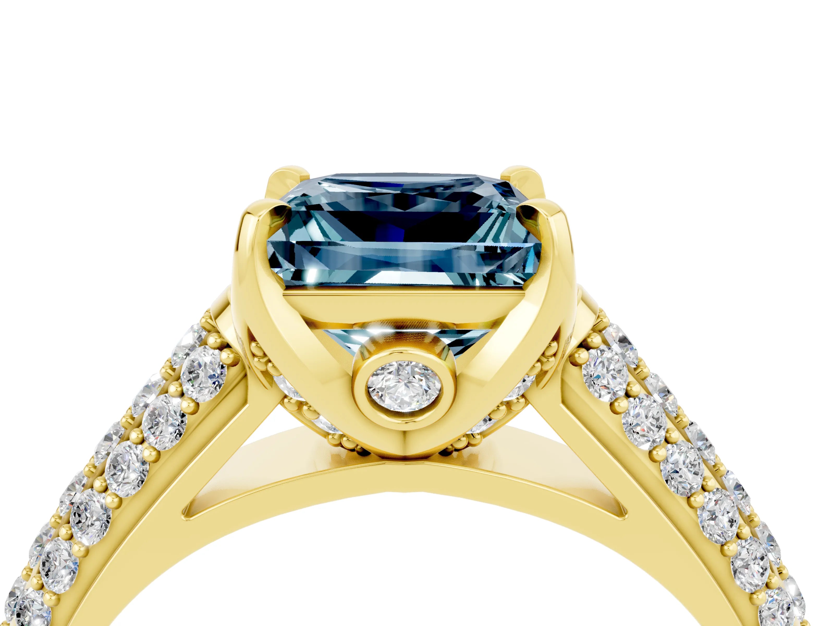 Yellow gold Princess Cut Aquamarine Solitaire Ring with Three-Row Pavé Band and Four-Prong Setting_16