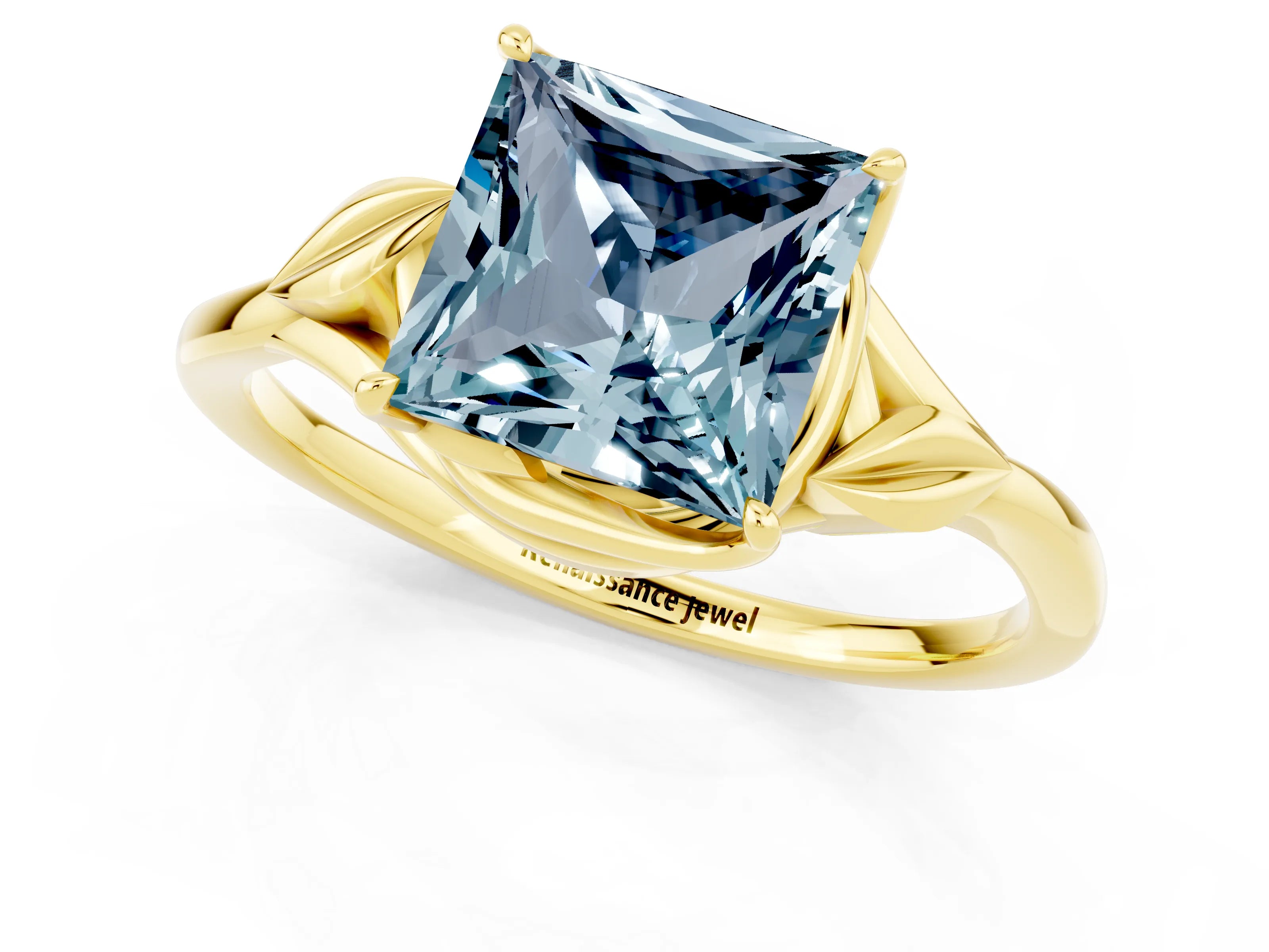 Yellow gold Princess Cut Aquamarine Solitaire Ring with Twist Band and Four-Prong Setting_25