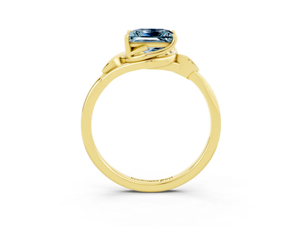 Yellow gold Princess Cut Aquamarine Solitaire Ring with Twist Band and Four-Prong Setting