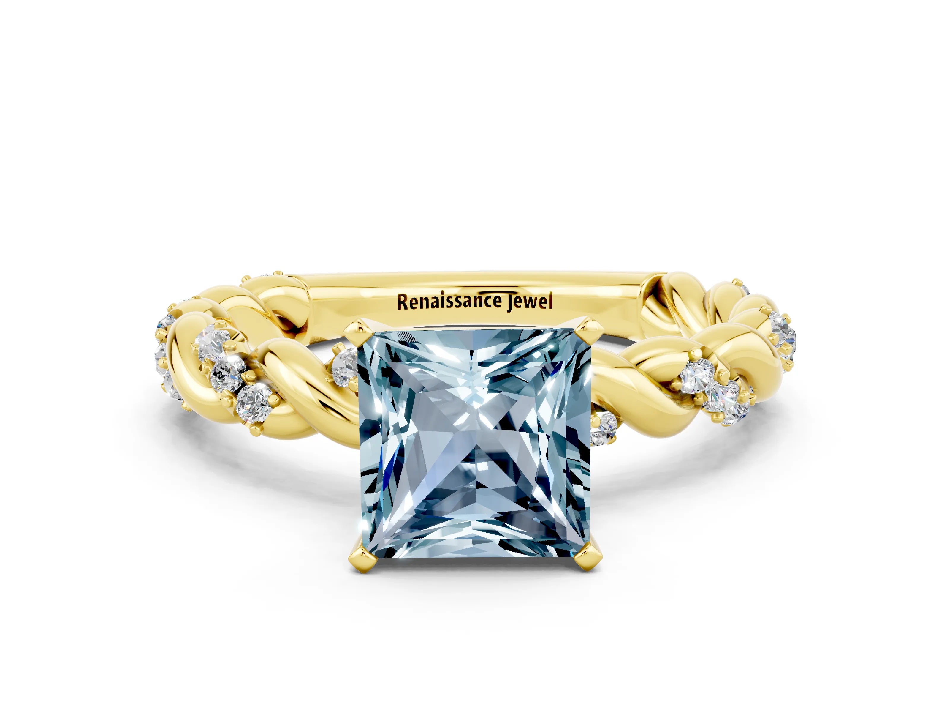 Yellow gold Princess Cut Aquamarine Solitaire Ring with Twisted Band and Pavé Accents