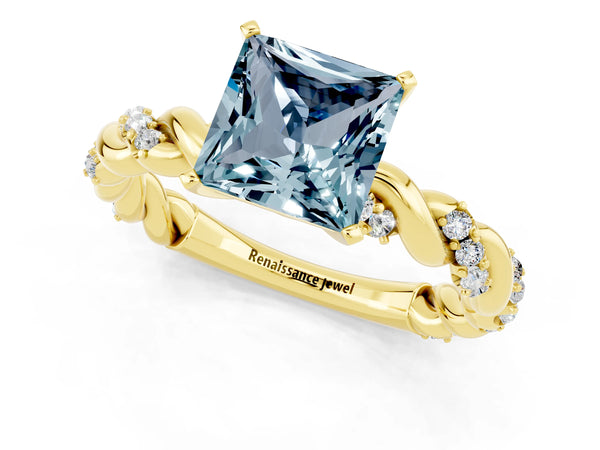 Yellow gold Princess Cut Aquamarine Solitaire Ring with Twisted Band and Pavé Accents