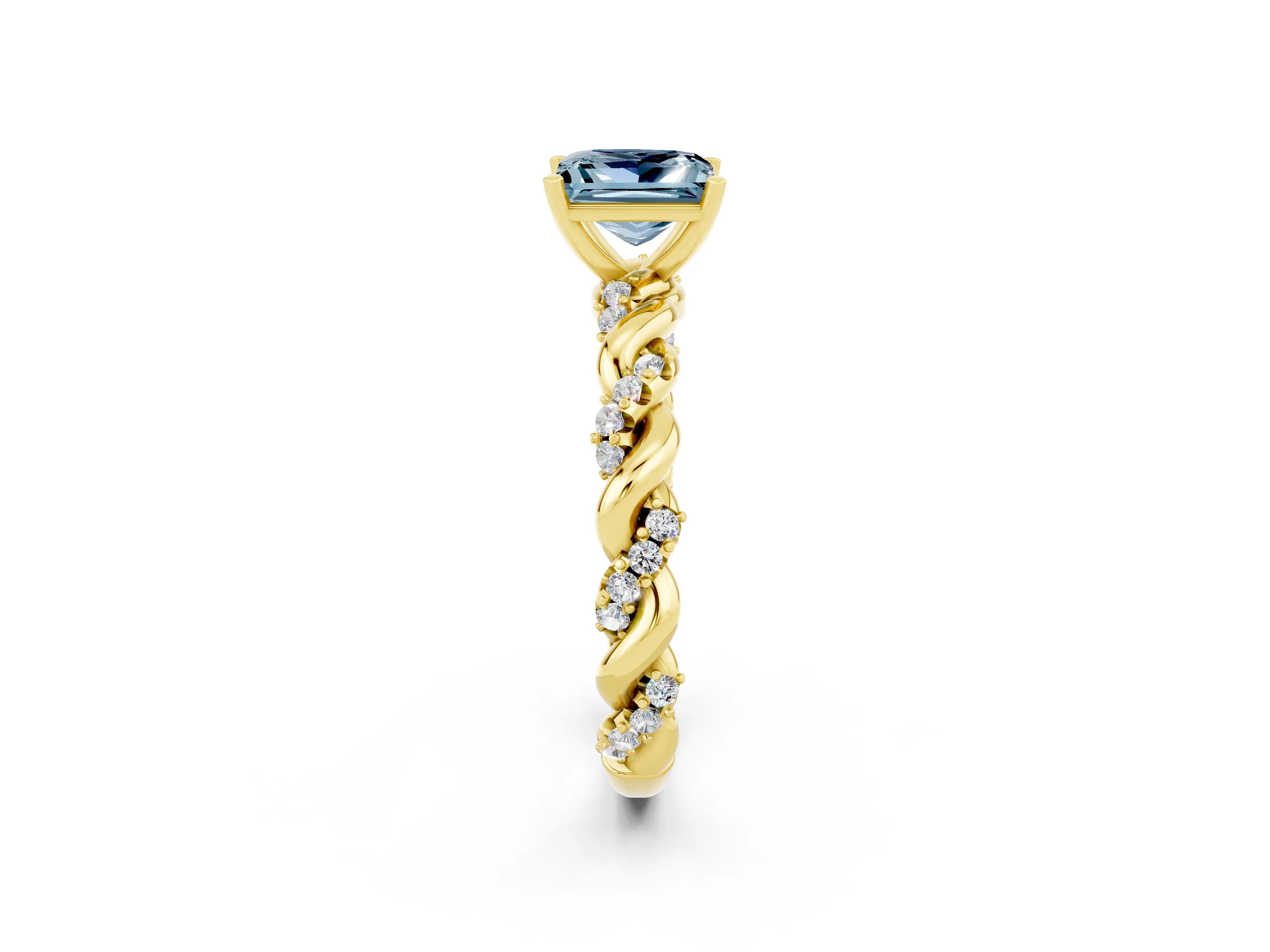 Yellow gold Princess Cut Aquamarine Solitaire Ring with Twisted Band and Pavé Accents_2