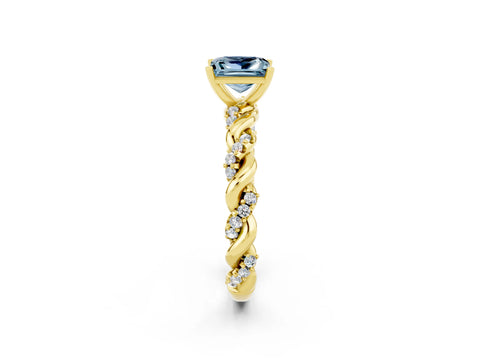 Yellow gold Princess Cut Aquamarine Solitaire Ring with Twisted Band and Pavé Accents_2