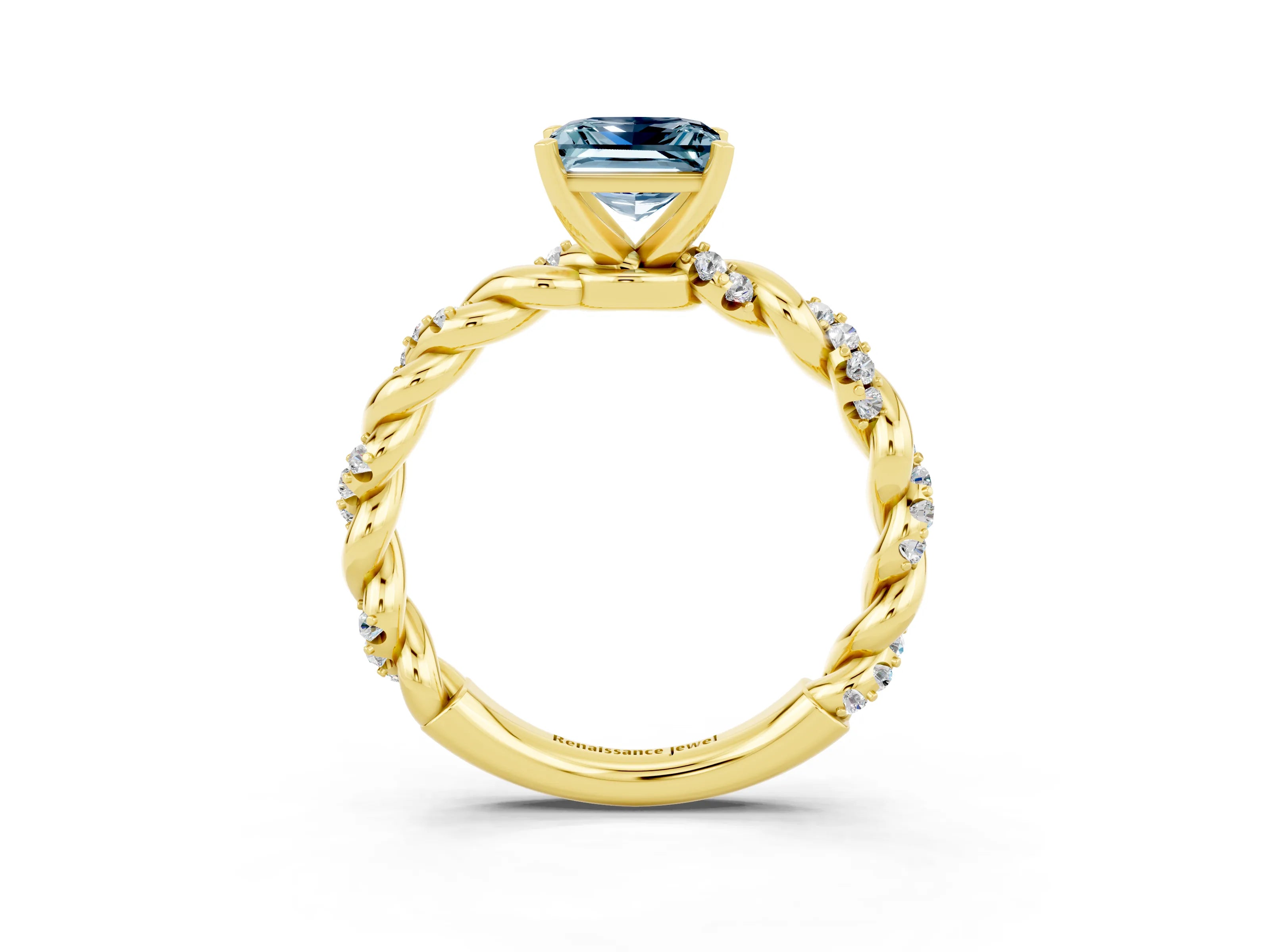 Yellow gold Princess Cut Aquamarine Solitaire Ring with Twisted Band and Pavé Accents_3