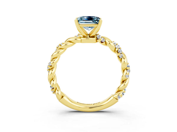 Yellow gold Princess Cut Aquamarine Solitaire Ring with Twisted Band and Pavé Accents