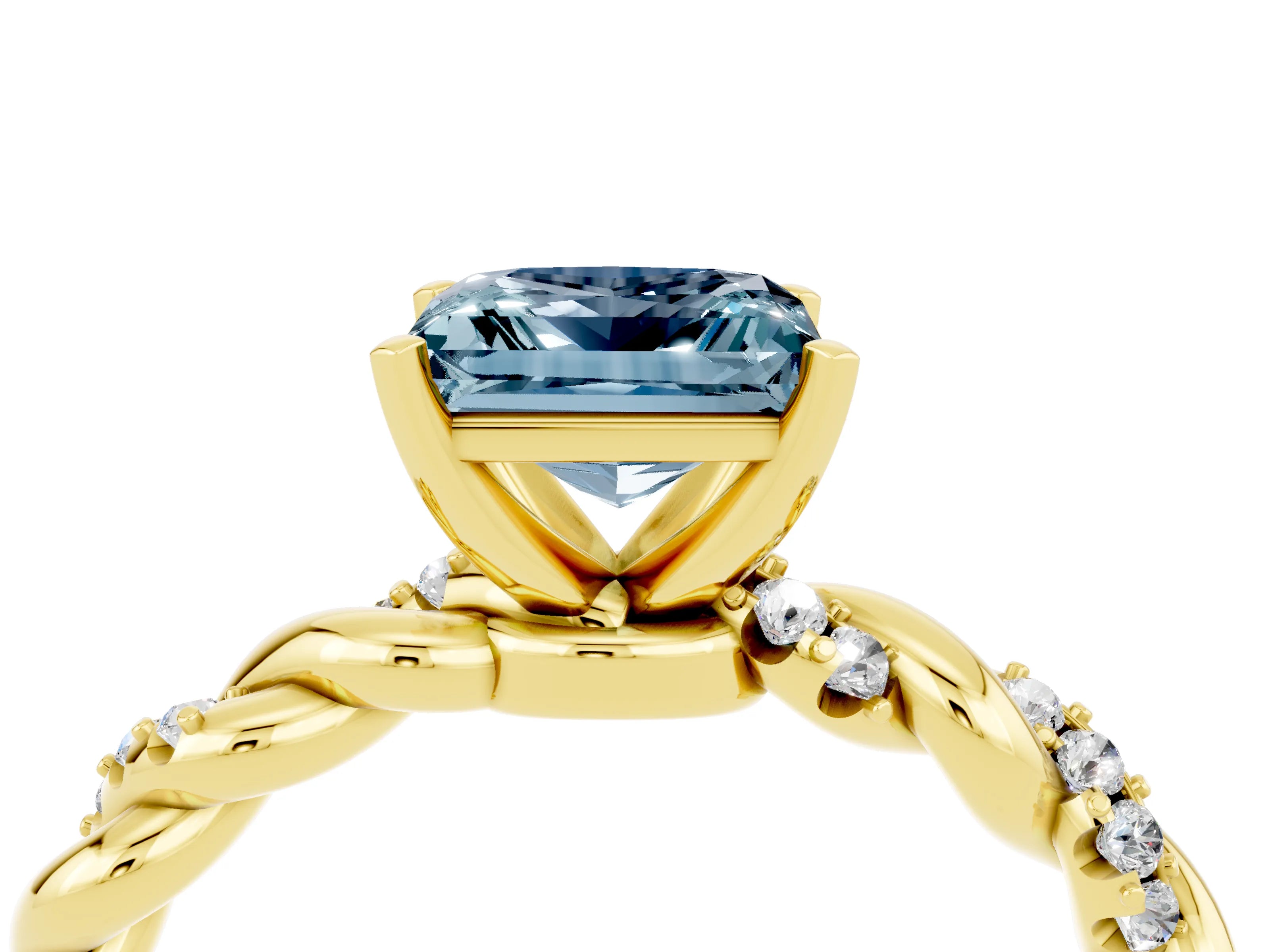 Yellow gold Princess Cut Aquamarine Solitaire Ring with Twisted Band and Pavé Accents_4