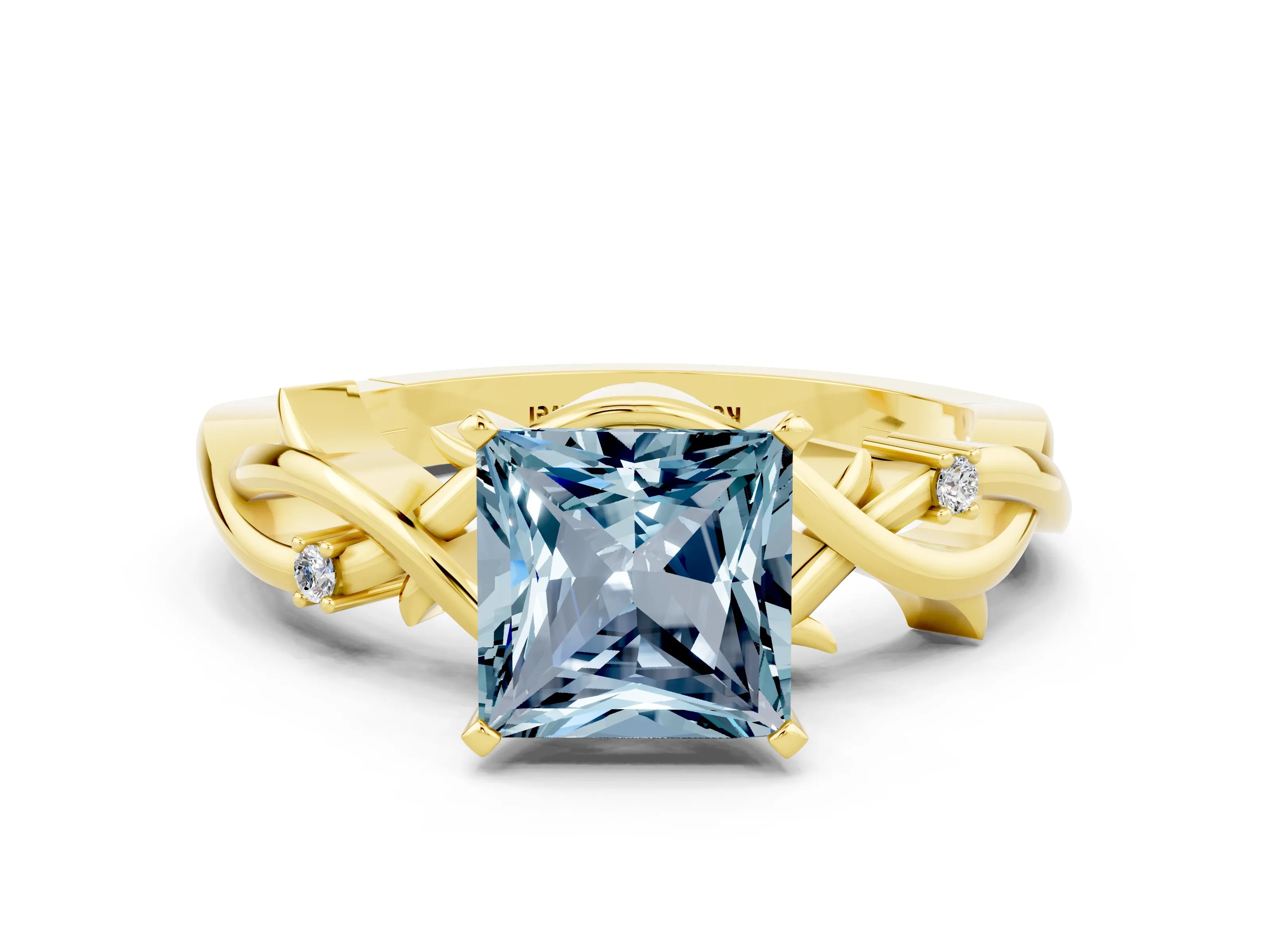Yellow gold Princess Cut Aquamarine Solitaire Ring with Twisted Band and Prong Setting
