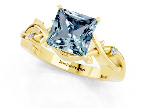 Yellow gold Princess Cut Aquamarine Solitaire Ring with Twisted Band and Prong Setting_1