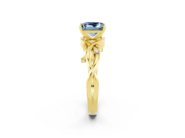 Yellow gold Princess Cut Aquamarine Solitaire Ring with Twisted Band and Prong Setting