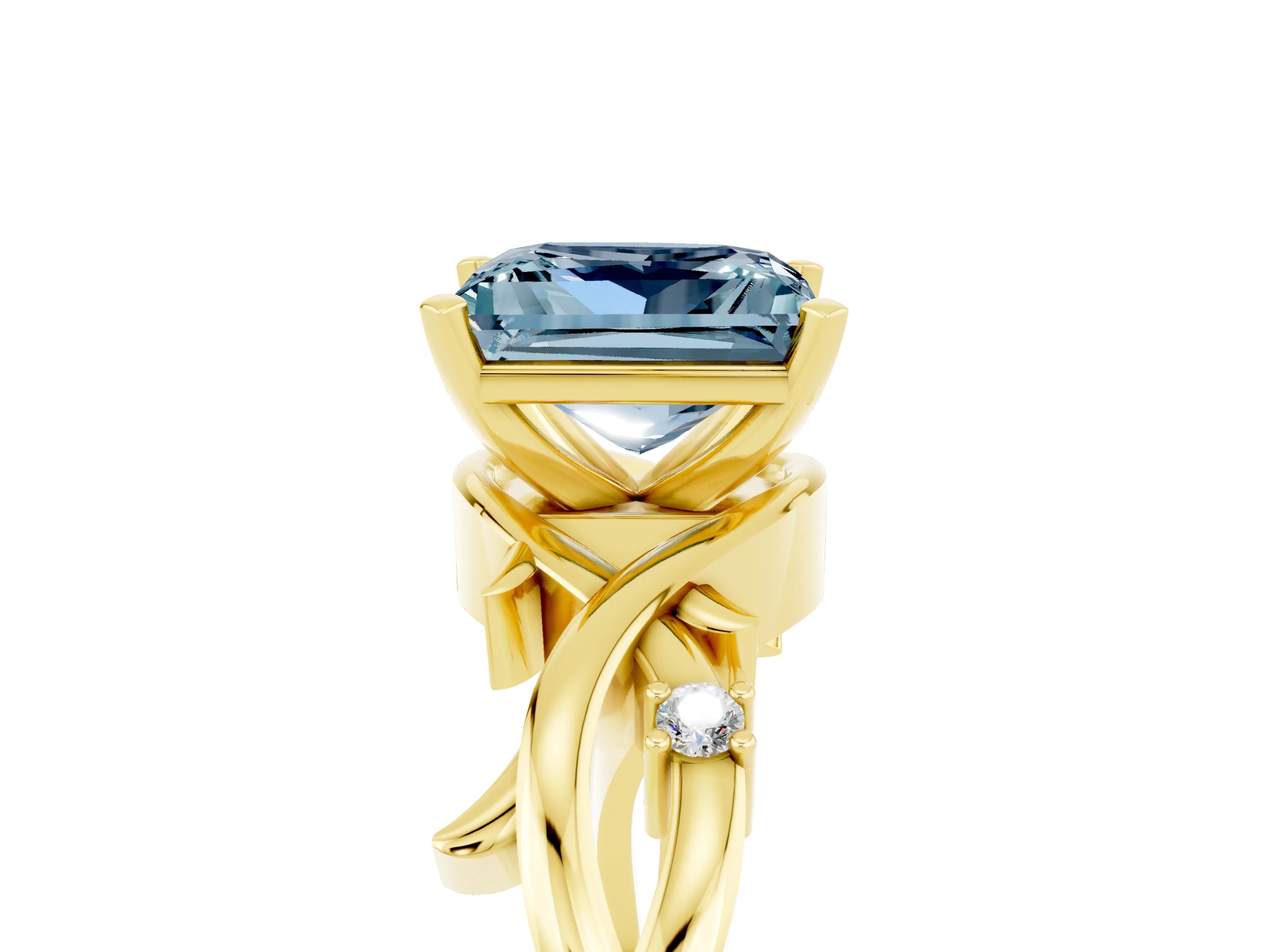 Yellow gold Princess Cut Aquamarine Solitaire Ring with Twisted Band and Prong Setting_5