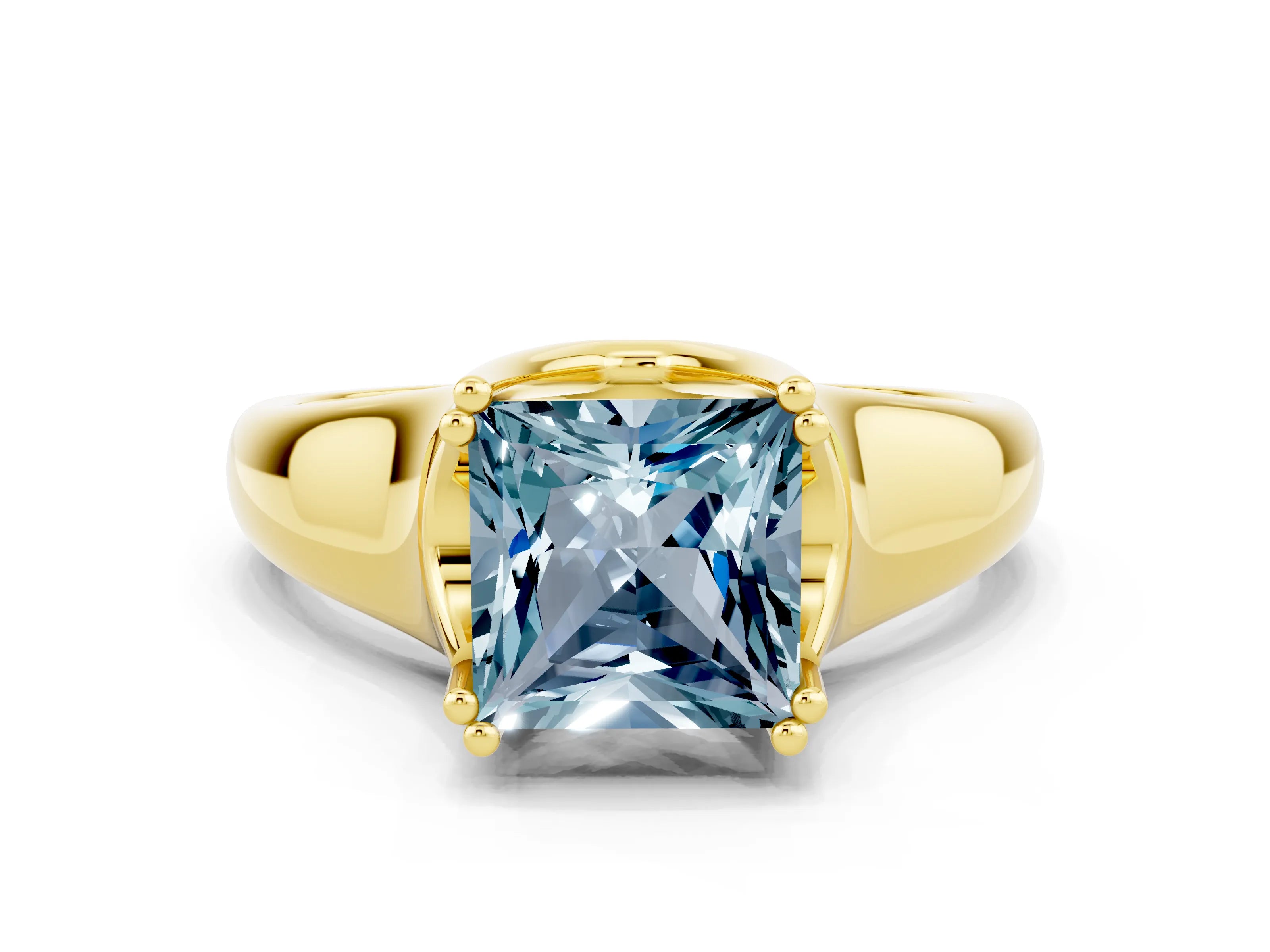 Yellow gold Princess Cut Aquamarine Solitaire Ring with Wide Band and Prong Setting