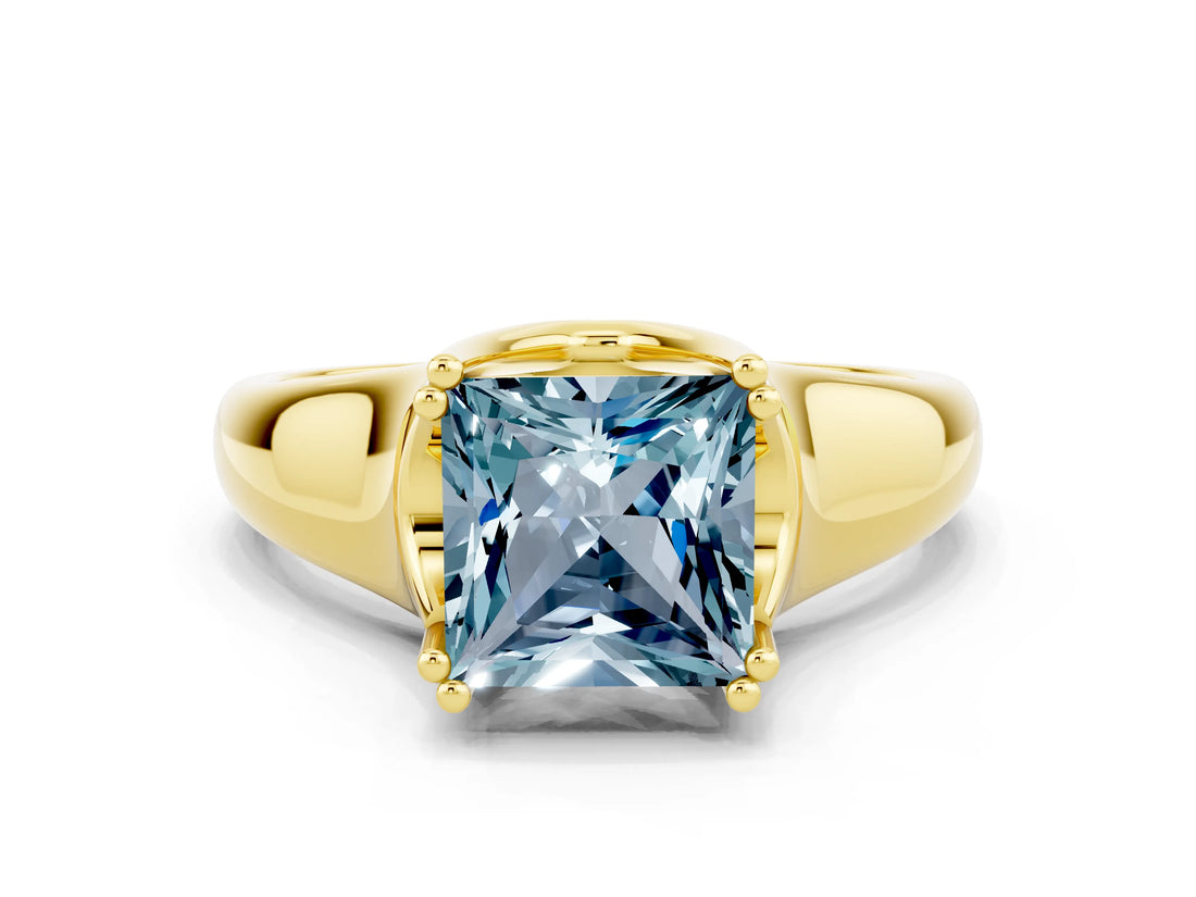 Yellow gold Princess Cut Aquamarine Solitaire Ring with Wide Band and Prong Setting