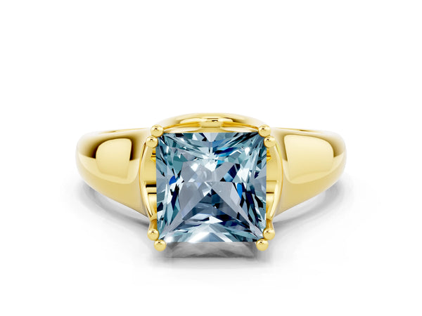 Yellow gold Princess Cut Aquamarine Solitaire Ring with Wide Band and Prong Setting