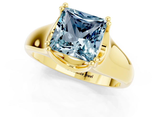 Yellow gold Princess Cut Aquamarine Solitaire Ring with Wide Band and Prong Setting