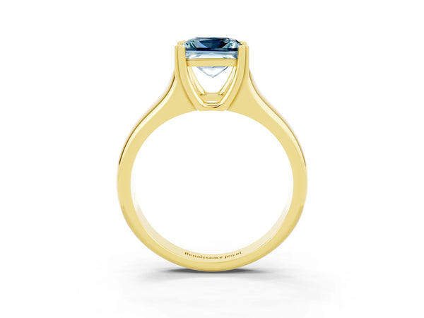 Yellow gold Princess Cut Aquamarine Solitaire Ring with Wide Band and Prong Setting