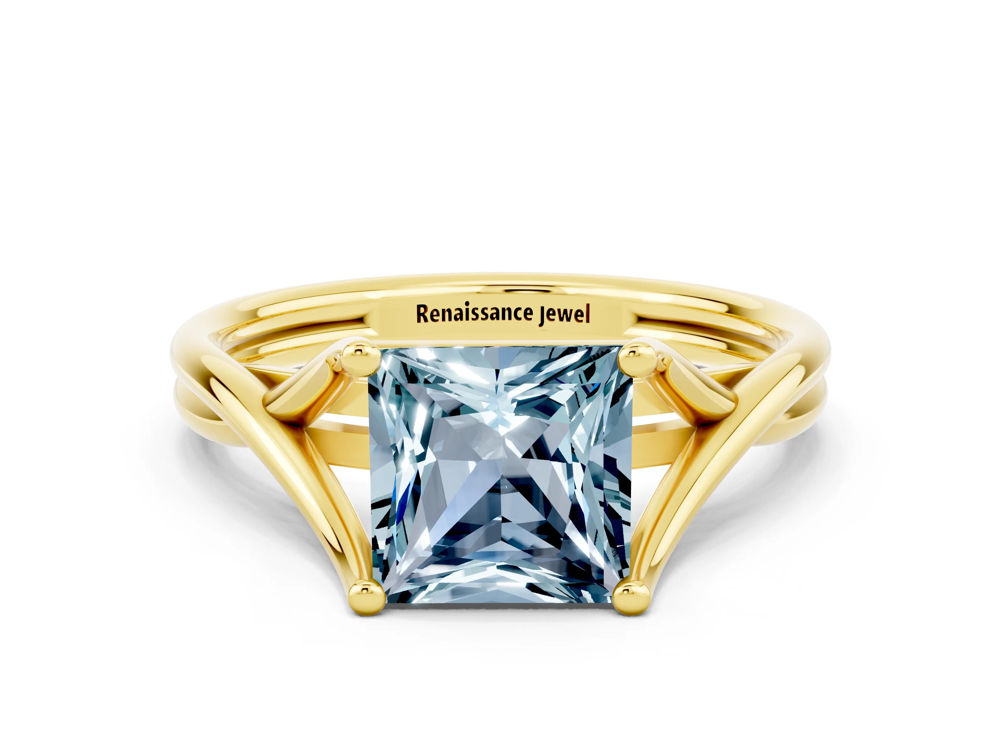 Yellow gold Princess Cut Aquamarine Solitaire Twist Band Prong Setting Ring_36