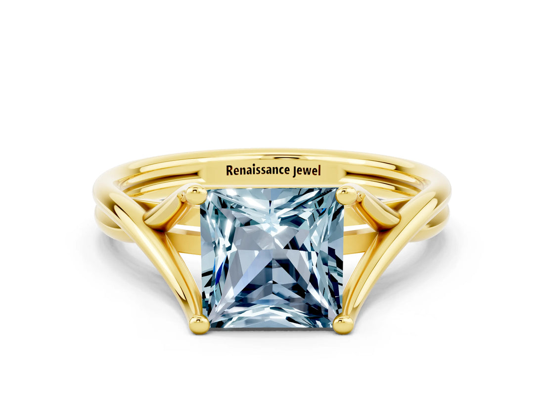 Yellow gold Princess Cut Aquamarine Solitaire Twist Band Prong Setting Ring_36