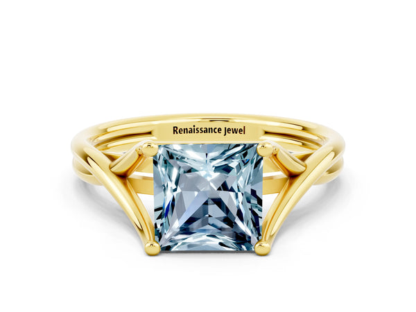 Yellow gold Princess Cut Aquamarine Solitaire Twist Band Prong Setting Ring
