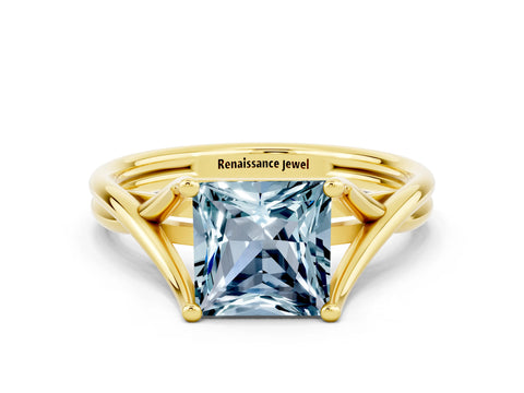Yellow gold Princess Cut Aquamarine Solitaire Twist Band Prong Setting Ring_36