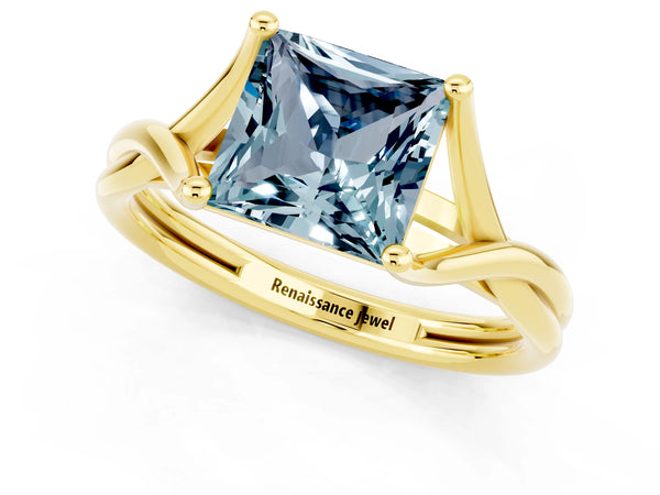 Yellow gold Princess Cut Aquamarine Solitaire Twist Band Prong Setting Ring